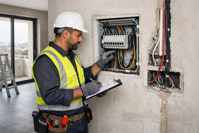فني كهرباء يراجع تمديدات الكهرباء داخل منزل قيد التشطيب