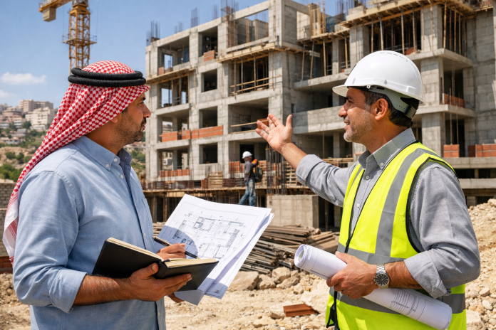 أسرة تتابع أعمال البناء في موقع مشروع سكني مع مخططات ومهندس يشرح التفاصيل