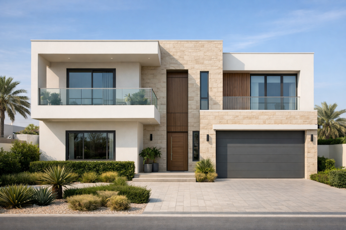 واجهة منزل عائلي حديثة في الإمارات بتشطيبات خارجية متناسقة
