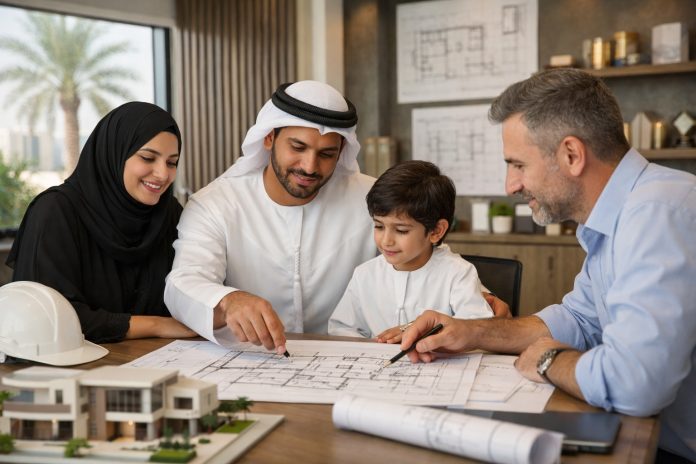 أسرة تراجع مخططات بناء فيلا حديثة في الإمارات مع مهندس استشاري