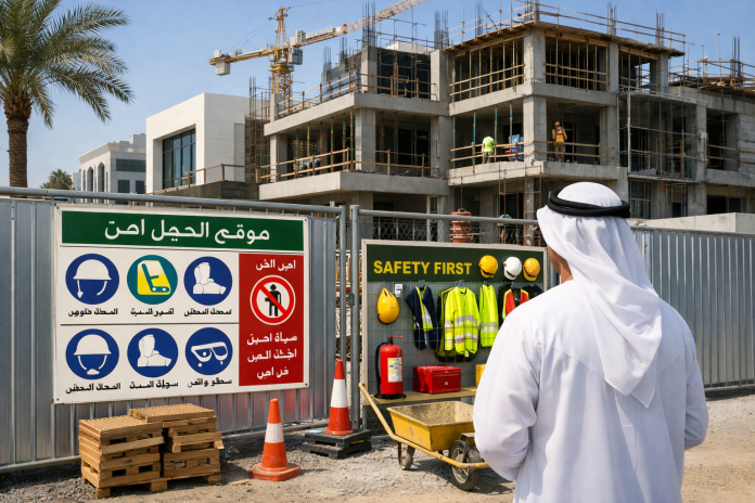 موقع بناء سكني في الإمارات مع أسوار مؤقتة وعناصر سلامة واضحة