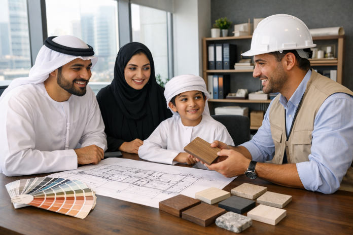 أسرة تناقش مع مقاول مخططات منزل قيد التصميم في الإمارات