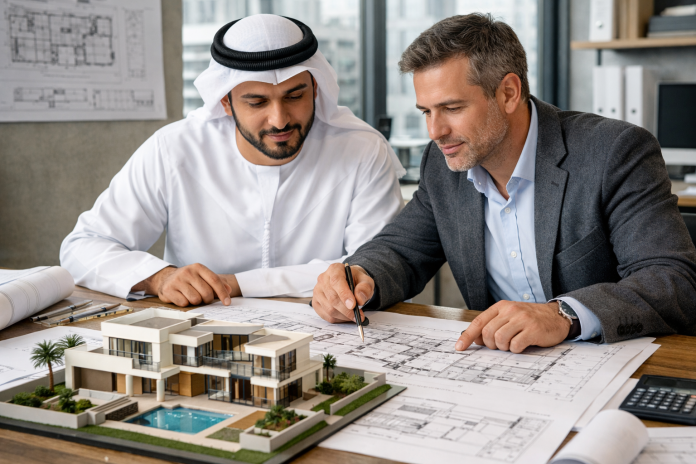مخطط فيلا حديثة مع مراجعة هندسية قبل اعتماد التصميم النهائي في الإمارات