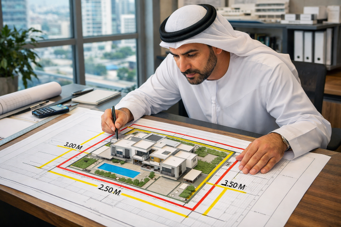 مخطط معماري لفيلا سكنية يوضح الارتدادات وحدود القسيمة قبل البناء في الإمارات