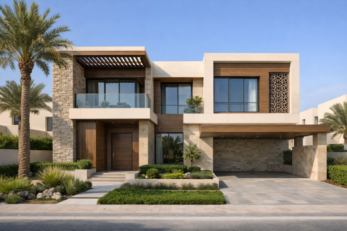 واجهة منزل حديثة في الإمارات بتصميم متوازن بين الجمال والاشتراطات المحلية