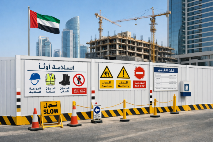 سور مؤقت حول موقع بناء في الإمارات مع إشارات سلامة واضحة ومظهر منظم