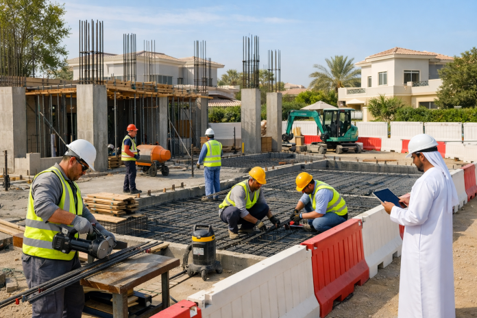 عمال بناء يطبقون إجراءات تقليل الضوضاء في موقع منزل سكني مع احترام الجوار في الإمارات