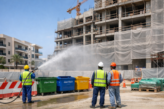 موقع بناء سكني منظم في الإمارات مع إجراءات تقلل الغبار والنفايات