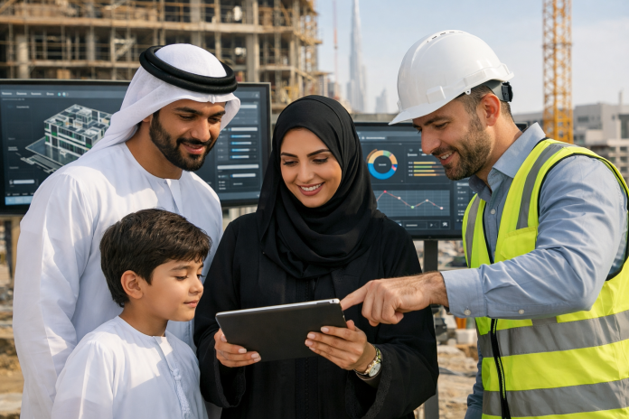 أسرة تتابع مشروع بناء عبر لوحة رقمية في بيئة عمرانية حديثة في الإمارات