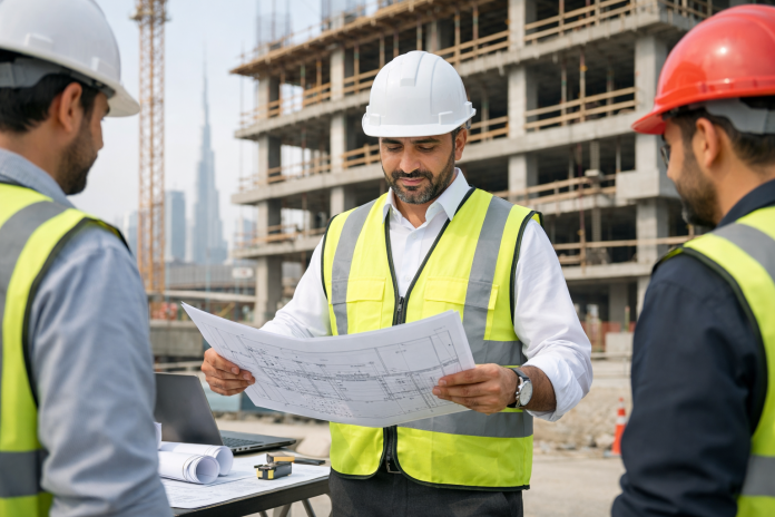 مهندس استشاري يراجع مخططات مشروع بناء في الإمارات داخل موقع إنشائي