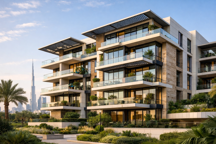 مبنى حديث مستدام في الإمارات مع عناصر تصميم موفرة للطاقة