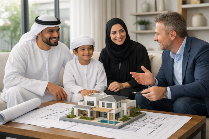 أسرة تراجع مخطط توسعة منزل مع مهندس استشاري في الإمارات