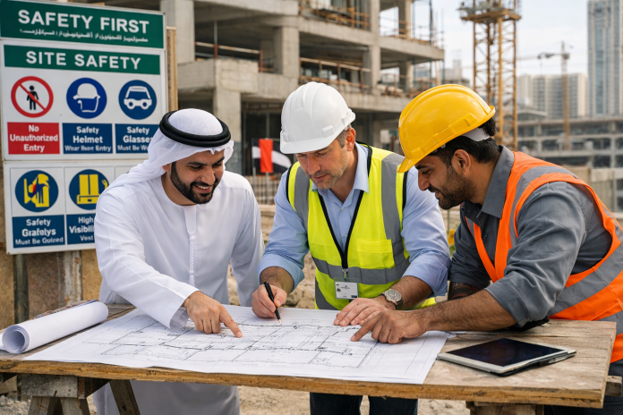 أهالي يراجعون مخططات بناء مع مهندس ومقاول في موقع إنشائي في الإمارات