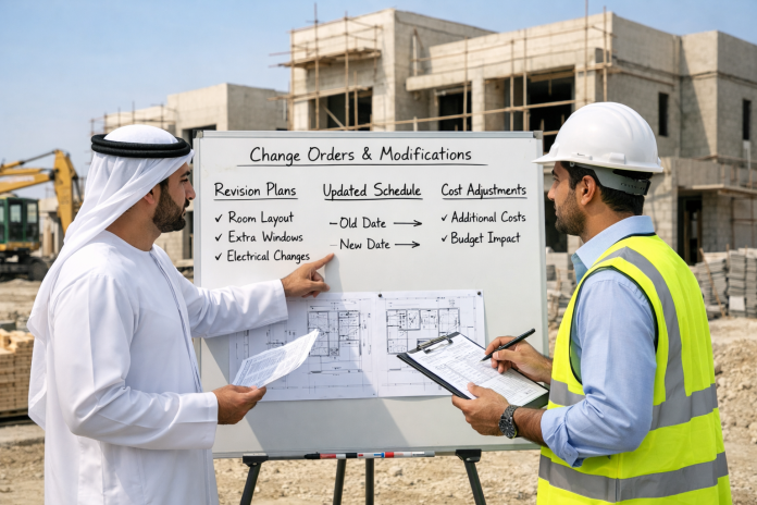 أسرة تراجع مخططات بناء مع مهندس في موقع إنشائي في الإمارات