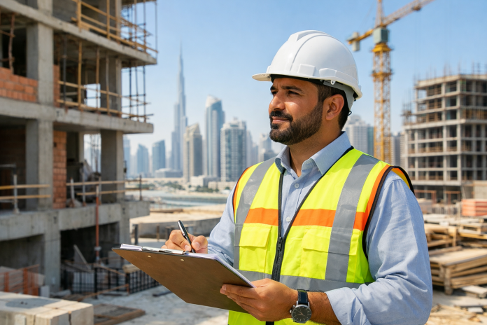 مهندس تفتيش يفحص أعمال البناء في موقع سكني حديث في الإمارات