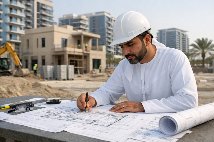 مخطط هندسي وموقع بناء حديث في الإمارات مع مهندس يراجع الاشتراطات المحلية