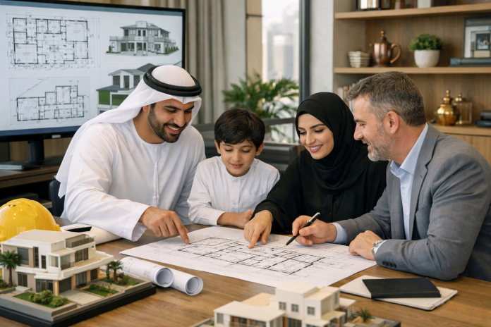 عائلة تراجع مخططات منزل مع مهندس استشاري قبل تنفيذ البناء في الإمارات