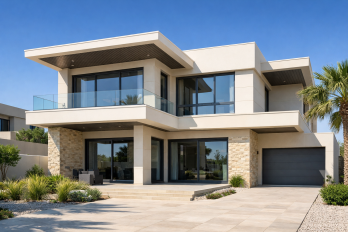 واجهة منزل حديث في الإمارات مع إبراز التهوية والعزل الحراري في مرحلة البناء