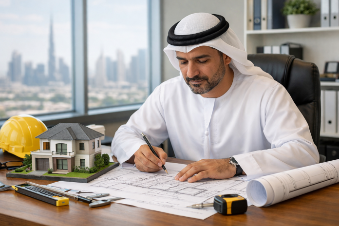 مخطط بناء ومهندس يراجع تفاصيل مشروع سكني في الإمارات