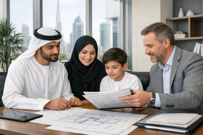 أسرة تراجع مستندات رخصة البناء مع مخطط معماري في الإمارات