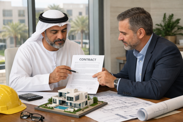 مالك يراجع عقد البناء مع مخطط هندسي في بيئة عمل حديثة داخل الإمارات