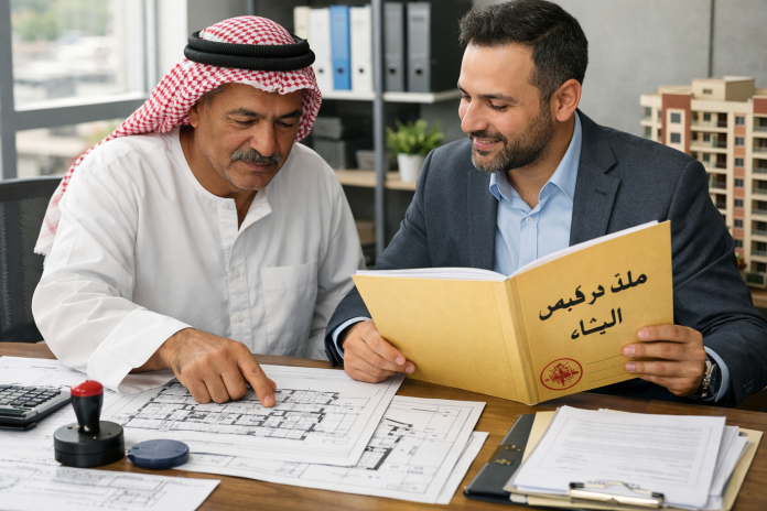 صاحب بيت يراجع مخططات ترخيص البناء مع مهندس داخل مكتب هندسي في مصر