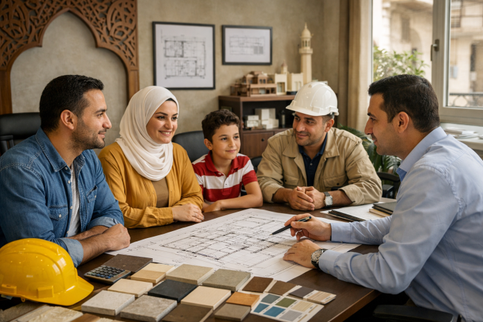 أسرة تراجع مع مهندس ومقاول مخططات مشروع بناء في مصر