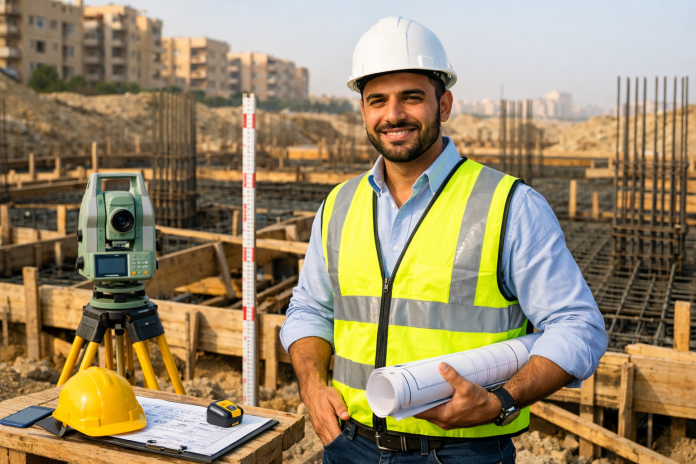 مهندس يفحص حديد التسليح وقالب الأساس في موقع بناء داخل مصر قبل صب الخرسانة