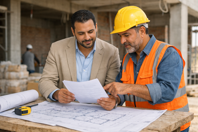 مقاول ومالك يراجعان بنود عقد المقاولة في موقع بناء داخل مصر