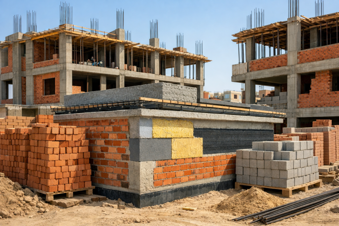 واجهة منزل تحت الإنشاء في مصر مع مواد بناء وعناصر عزل حراري مناسبة للمناخ