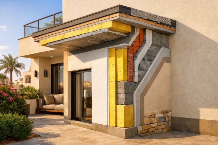 واجهة منزل جديد في مصر مع إبراز طبقات العزل الحراري في الجدران والسقف لتقليل الحرارة واستهلاك الكهرباء