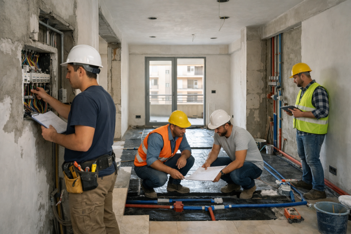 شقة جديدة قيد التشطيب مع أدوات بناء ومواد تشطيب داخلية