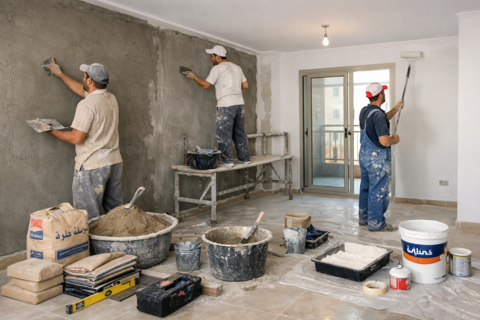 تشطيب شقة في مصر يوضح مراحل المحارة والدهانات والتجهيز النهائي