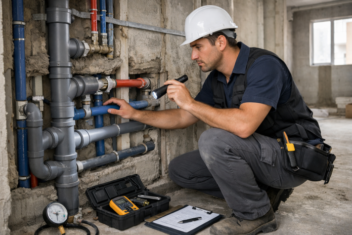 فحص تمديدات السباكة داخل موقع تشطيب قبل غلق الحوائط في شقة سكنية بمصر