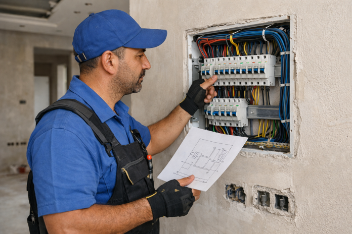 فني كهرباء يراجع لوحة توزيع الكهرباء داخل شقة جديدة قبل التشطيب النهائي