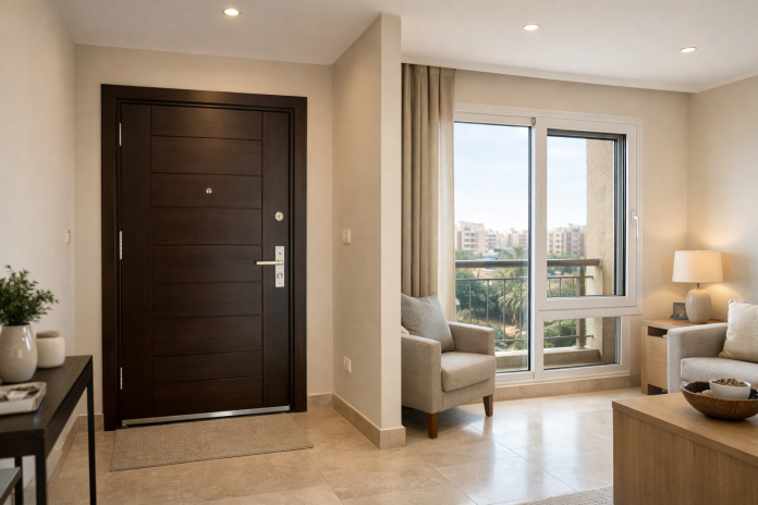 أبواب وشبابيك حديثة في شقة جديدة مع إبراز العزل والأمان