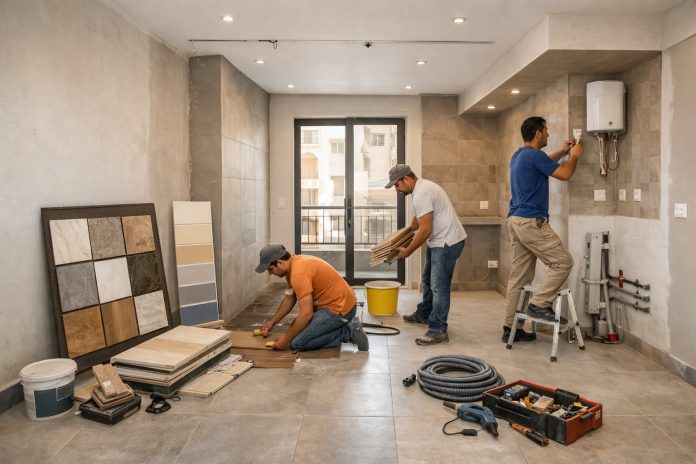 تصميم داخلي لشقة قيد التشطيب الاقتصادي مع مواد تشطيب وأدوات قياس وإضاءة طبيعية