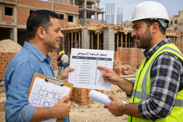 مالك يتابع جدول تنفيذ البناء أسبوعياً مع مخطط أعمال وموقع بناء في مصر