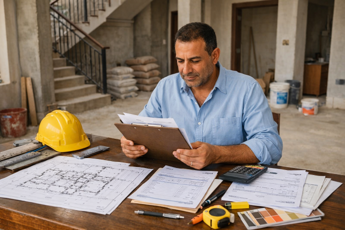 صاحب منزل يراجع مستندات البناء والفواتير أثناء أعمال التشطيب في منزل جديد في مصر