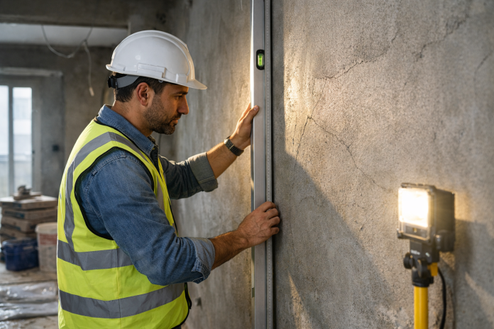 فني يفحص استلام المحارة واللياسة داخل شقة قبل أعمال الدهانات