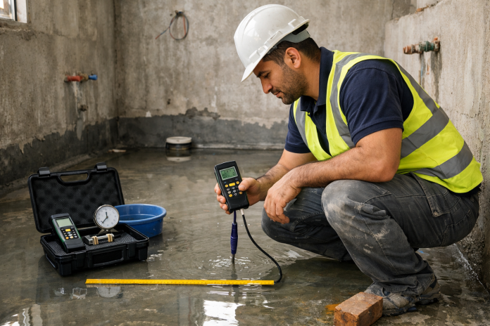 فني يجري اختبار العزل في حمام قبل تركيب السيراميك في شقة سكنية بمصر