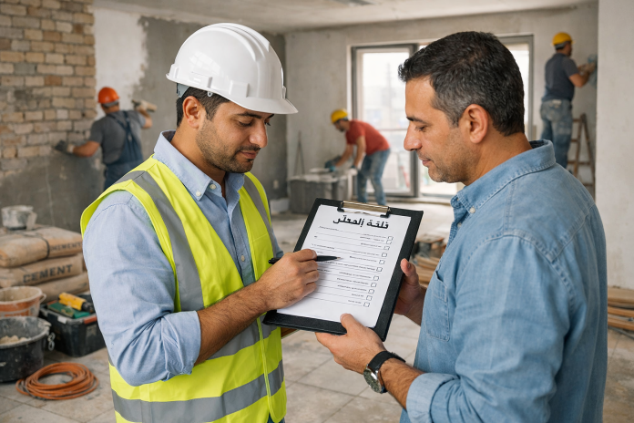 مشرف وأهالي يراجعون تفاصيل تشطيب شقة داخل موقع سكني في مصر