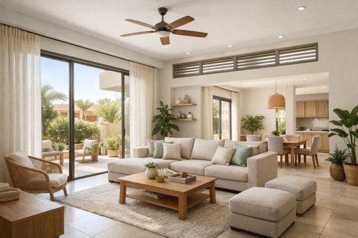 واجهة بيت جديد مضيء طبيعيًا مع نوافذ واسعة وتهوية جيدة في تصميم مناسب للبيت المصري