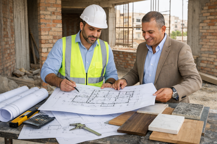 مالك مشروع يراجع مخططات البناء مع المهندس والمقاول لتقليل خسائر تغييرات التصميم في مصر
