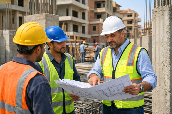 مشرف هندسي يراجع أعمال البناء في موقع مشروع سكني في مصر