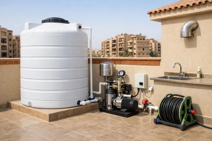 خزان مياه وملحقات صحية حديثة لمنزل جديد في مصر
