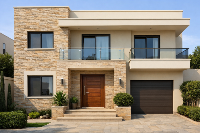 واجهة منزل حديثة بتشطيب خارجي متوازن بين الجمال والمتانة في أجواء مصرية