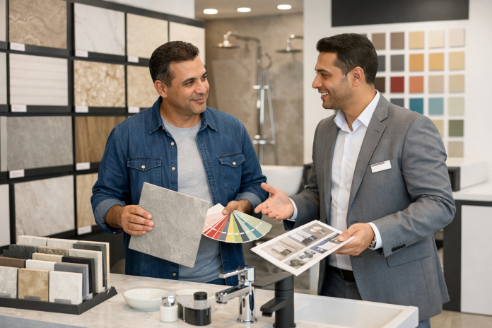 مشتري يراجع عينات مواد تشطيب داخل معرض مواد بناء في مصر