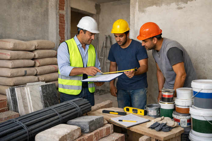 مشهد تشطيب شقة سكنية مع مواد بناء مرتبة وأدوات قياس على موقع عمل في مصر