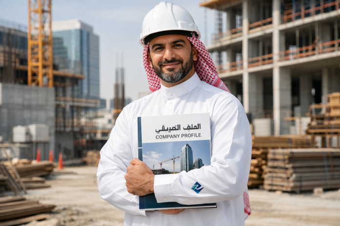 مقاول سعودي يراجع ملفًا تعريفيًا احترافيًا أمام موقع عمل حديث في السعودية